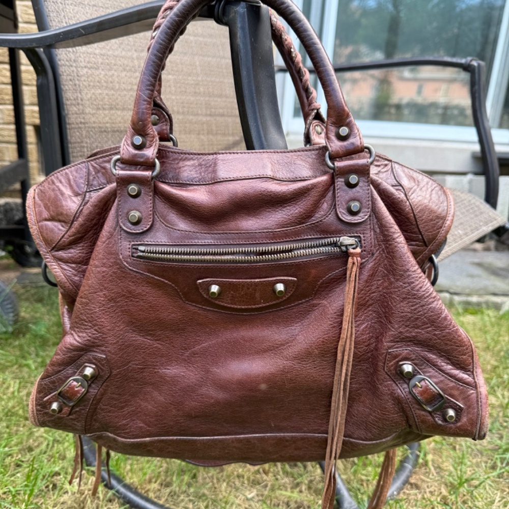 BALENCIAGA 07 Sienna Tobacco Brown City Motorcycle Bag, Chèvre Leather